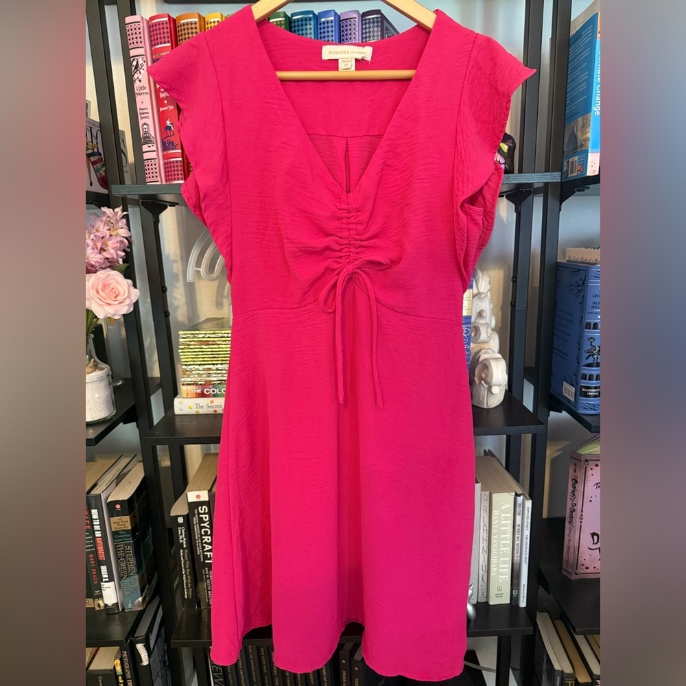 Monteau Fuchsia Bright Pink Tie Front Ruched Dress